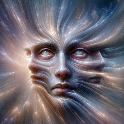 The primary subject of the image is a close-up of a human head, featuring a face with a pair of eyes. The setting is a space-like environment, with a background of stars and a galaxy-like pattern. The visual style is a combination of digital art and illustration, creating a surreal and intriguing atmosphere. The colors and mood are predominantly dark and mysterious, with the stars and galaxy pattern adding a sense of depth and wonder to the scene.